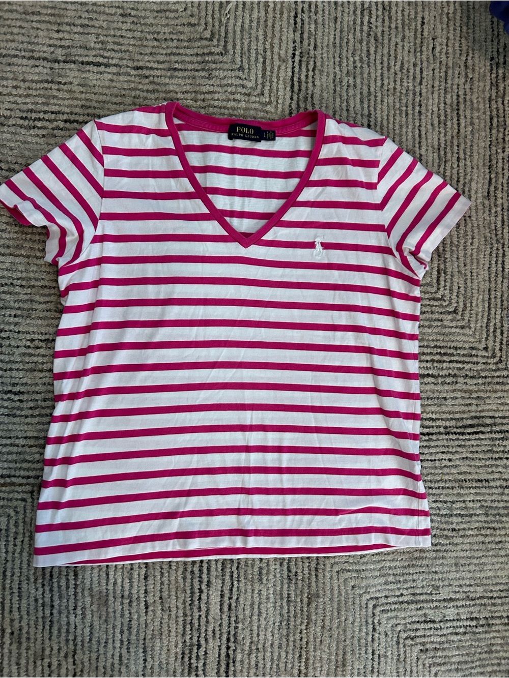 Polo by Ralph Lauren Women’s Pink and White Striped V-Neck Tee Shirt Large Y2K